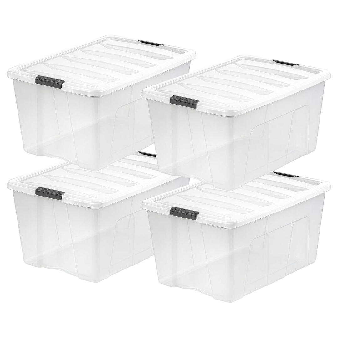 IRIS USA 4 Pack 94 Quart Stackable Plastic Storage Bins with Lids, Clear/White