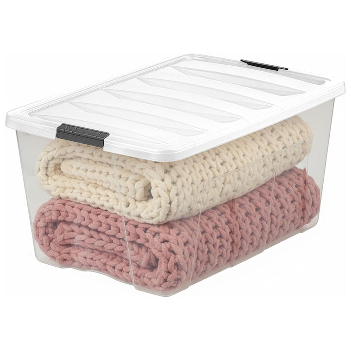 IRIS USA 4 Pack 94 Quart Stackable Plastic Storage Bins with Lids, Clear/White