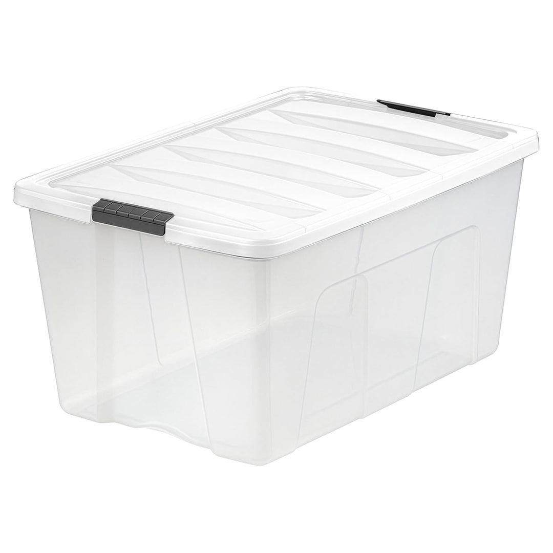 IRIS USA 4 Pack 94 Quart Stackable Plastic Storage Bins with Lids, Clear/White