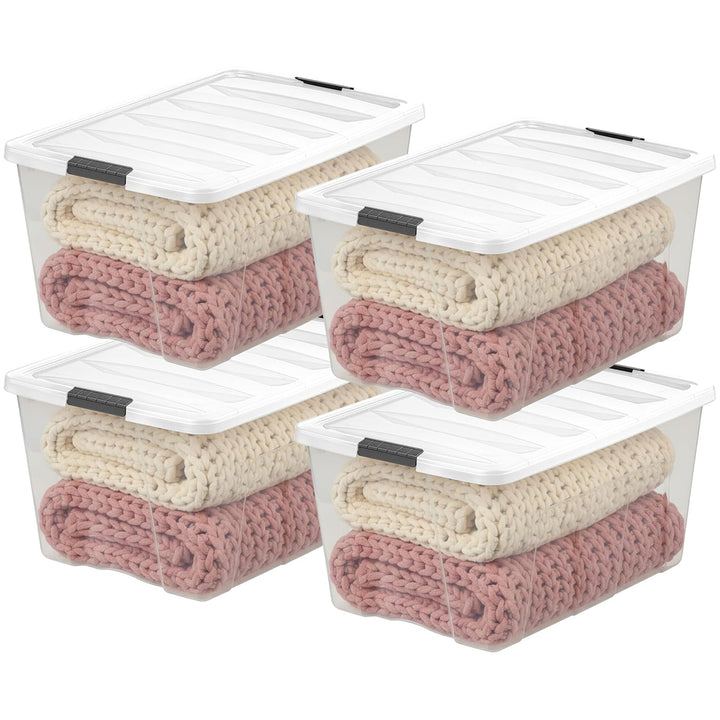 IRIS USA 4 Pack 94 Quart Stackable Plastic Storage Bins with Lids, Clear/White