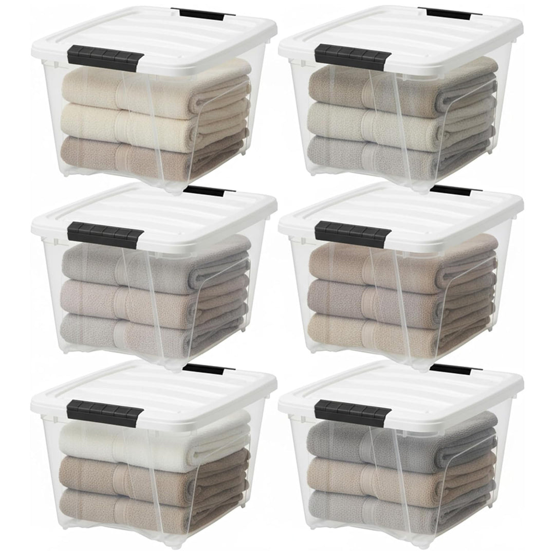 IRIS USA 6 Pack 19 Quart Stackable Plastic Storage Bins with Lids, Clear/White