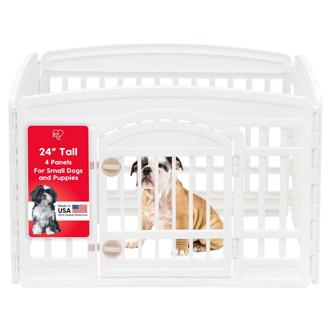 IRIS USA 24" Dog Playpen with Door, 4-Panel Pet Enclosure for Small Dogs, White
