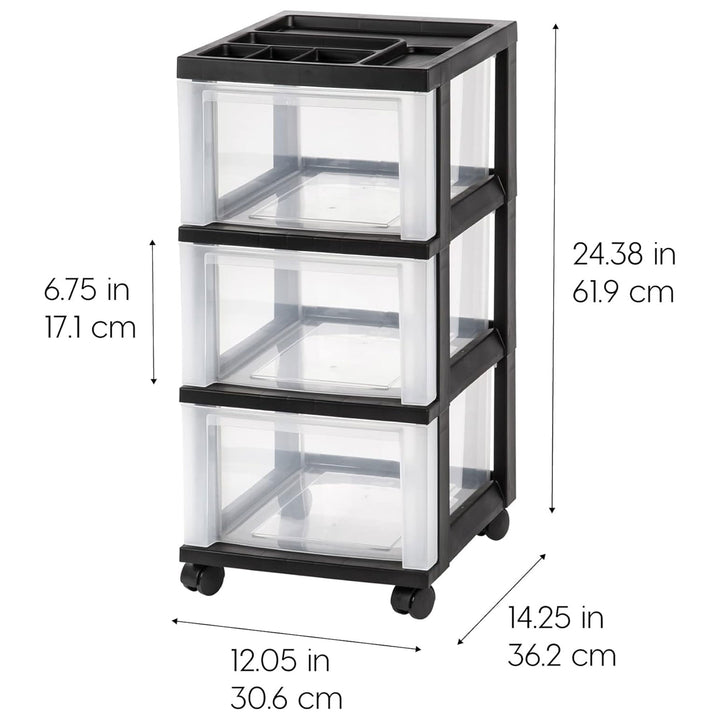 IRIS USA 3-Drawer Plastic Storage Organizer Cart with Caster Wheels, Black/Clear