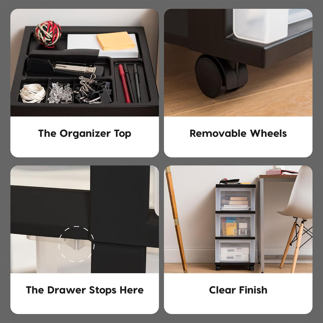 IRIS USA 3-Drawer Plastic Storage Organizer Cart with Caster Wheels, Black/Clear