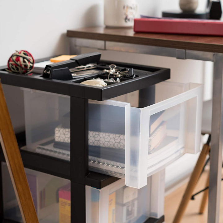 IRIS USA 3-Drawer Plastic Storage Organizer Cart with Caster Wheels, Black/Clear