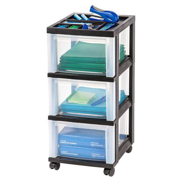 IRIS USA 3-Drawer Plastic Storage Organizer Cart with Caster Wheels, Black/Clear