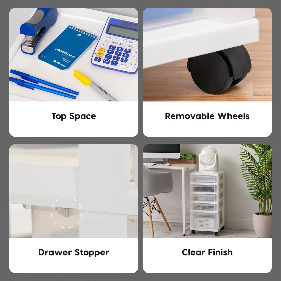 IRIS USA 3-Drawer Plastic Storage Organizer Cart with Caster Wheels, White/Clear