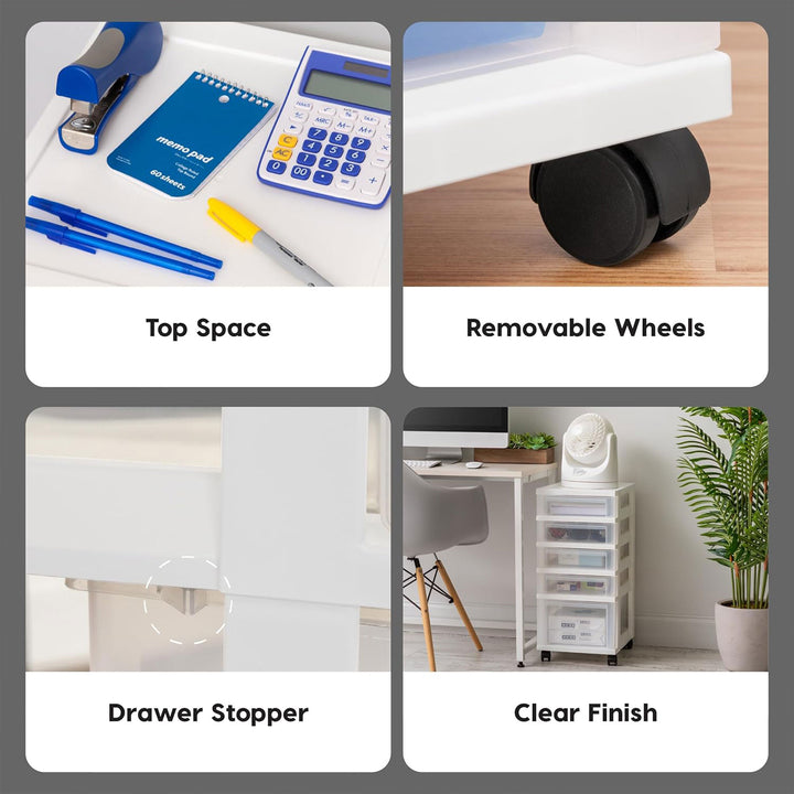 IRIS USA 3-Drawer Plastic Storage Organizer Cart with Caster Wheels, White/Clear