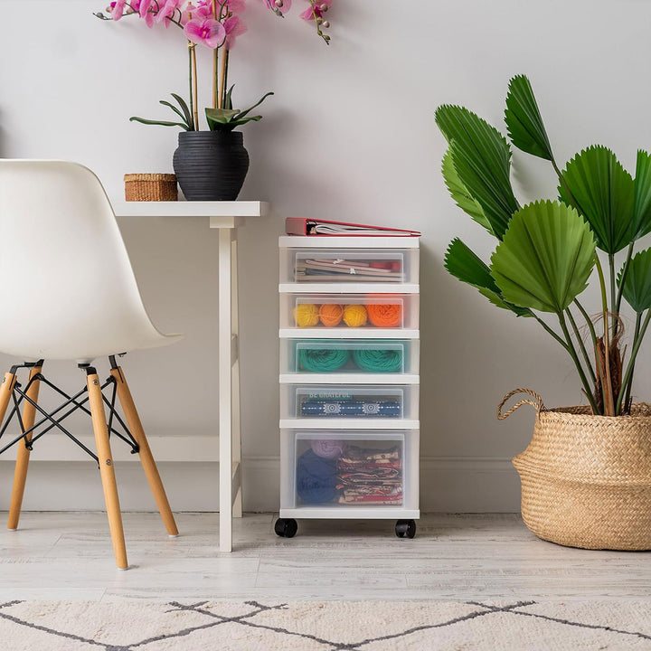 IRIS USA 3-Drawer Plastic Storage Organizer Cart with Caster Wheels, White/Clear