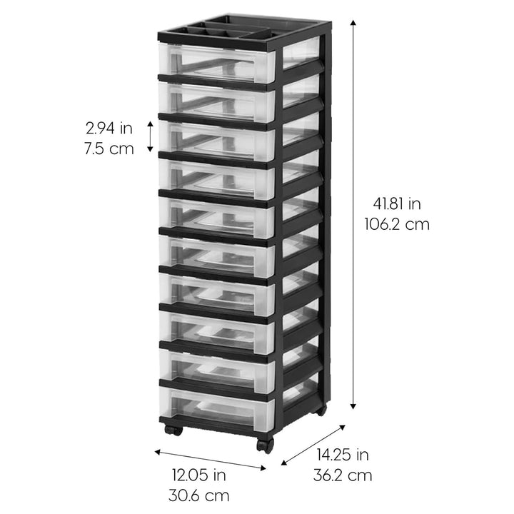IRIS USA 10-Drawer Plastic Storage Organizer Cart and Caster Wheels, Black/Clear