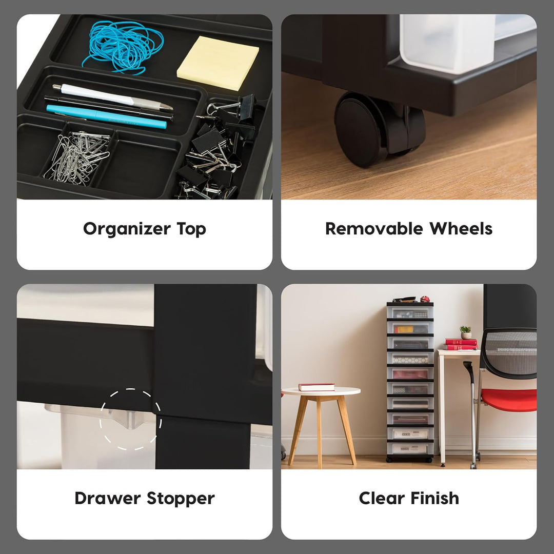 IRIS USA 10-Drawer Plastic Storage Organizer Cart and Caster Wheels, Black/Clear