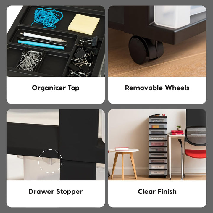 IRIS USA 10-Drawer Plastic Storage Organizer Cart and Caster Wheels, Black/Clear