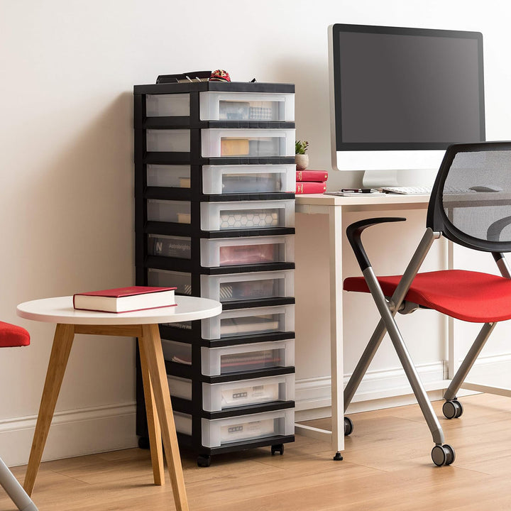 IRIS USA 10-Drawer Plastic Storage Organizer Cart and Caster Wheels, Black/Clear