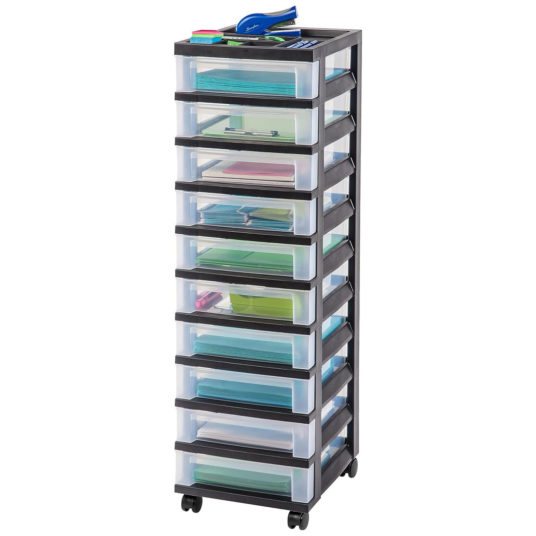 IRIS USA 10-Drawer Plastic Storage Organizer Cart and Caster Wheels, Black/Clear