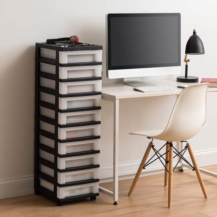 IRIS USA 10-Drawer Plastic Storage Cart with Wheels for Craft and Office, Black