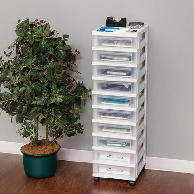 IRIS USA 10-Drawer Plastic Storage Organizer Cart and Caster Wheels, White/Clear (Open Box)