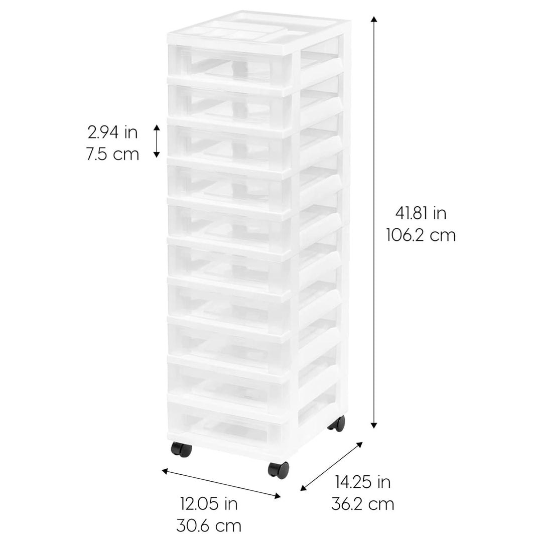 IRIS USA 10-Drawer Plastic Storage Organizer Cart and Caster Wheels, White/Clear