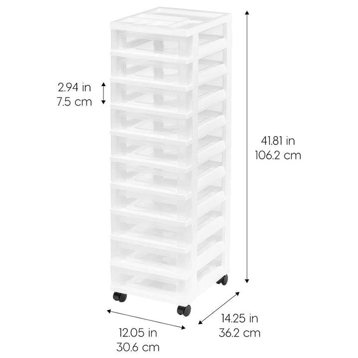 IRIS USA 10-Drawer Plastic Storage Organizer Cart and Caster Wheels, White/Clear