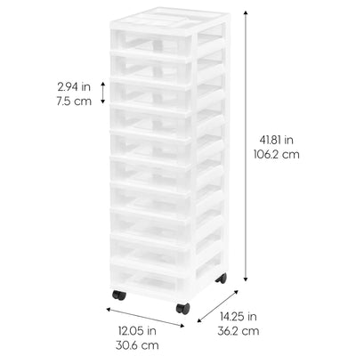 IRIS USA 10-Drawer Plastic Storage Organizer Cart and Caster Wheels, White/Clear (Open Box)