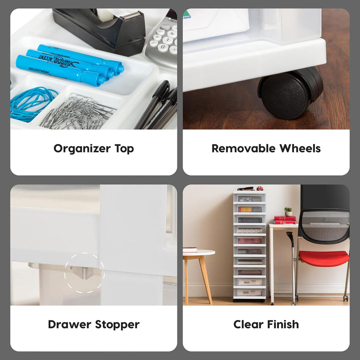 IRIS USA 10-Drawer Plastic Storage Organizer Cart and Caster Wheels, White/Clear