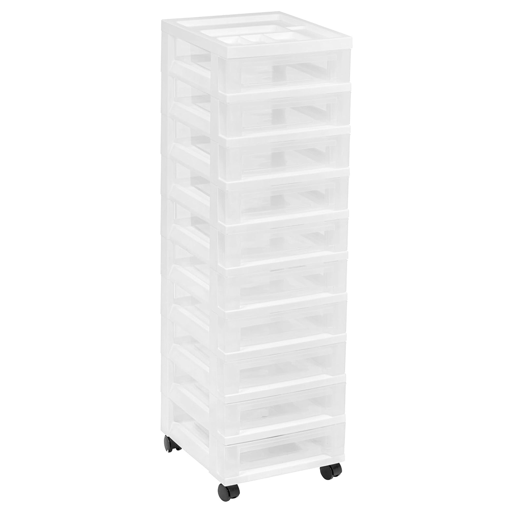 IRIS USA 10-Drawer Plastic Storage Organizer Cart and Caster Wheels, White/Clear (Open Box)