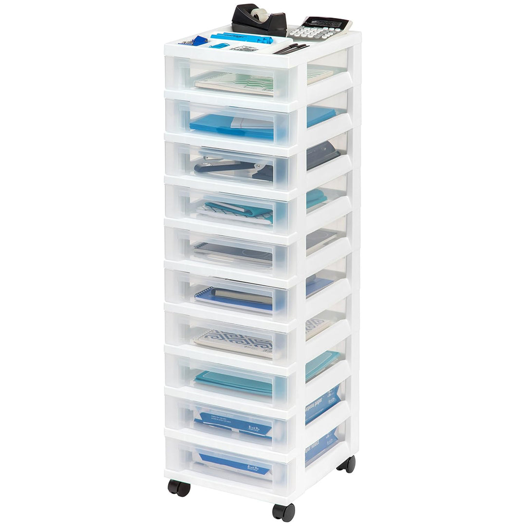 IRIS USA 10-Drawer Plastic Storage Organizer Cart and Caster Wheels, White/Clear