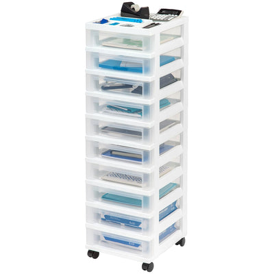IRIS USA 10-Drawer Plastic Storage Organizer Cart and Caster Wheels, White/Clear (Open Box)