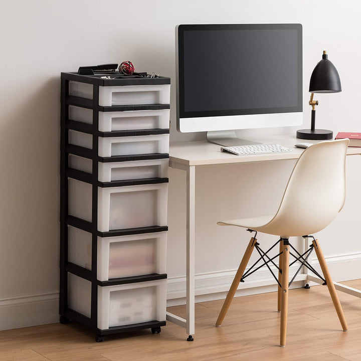IRIS USA 7-Drawer Plastic Storage Organizer Cart with Caster Wheels, Black/Pearl