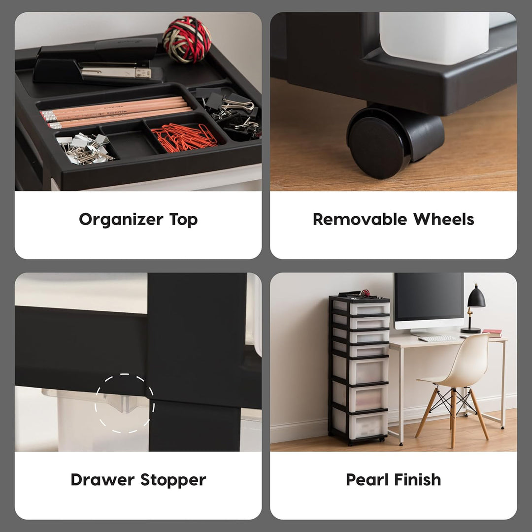 IRIS USA 7-Drawer Plastic Storage Organizer Cart with Caster Wheels, Black/Pearl