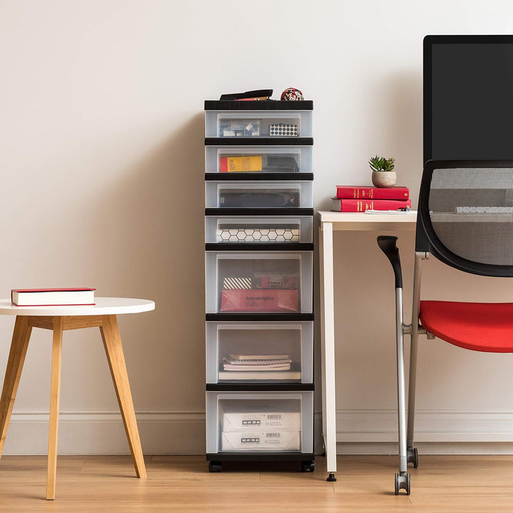 IRIS USA 7-Drawer Plastic Storage Organizer Cart with Caster Wheels, Black/Clear