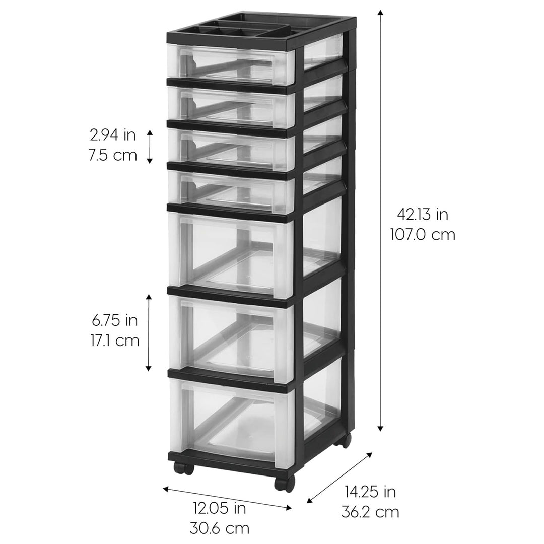 IRIS USA 7-Drawer Plastic Storage Organizer Cart with Caster Wheels, Black/Clear