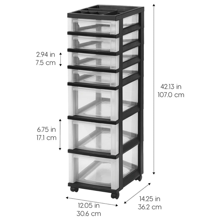 IRIS USA 7-Drawer Plastic Storage Organizer Cart with Caster Wheels, Black/Clear
