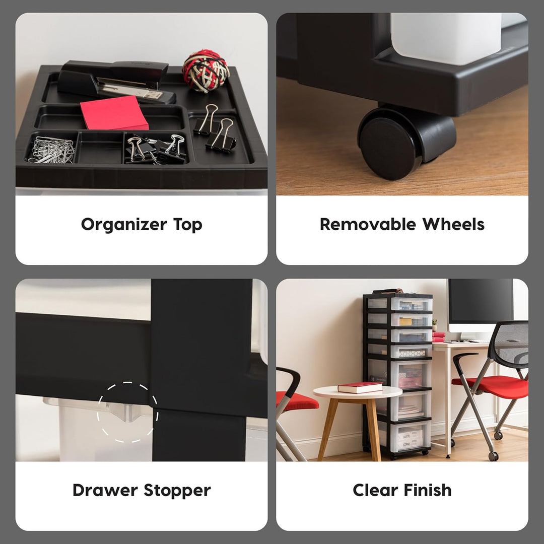 IRIS USA 7-Drawer Plastic Storage Organizer Cart with Caster Wheels, Black/Clear