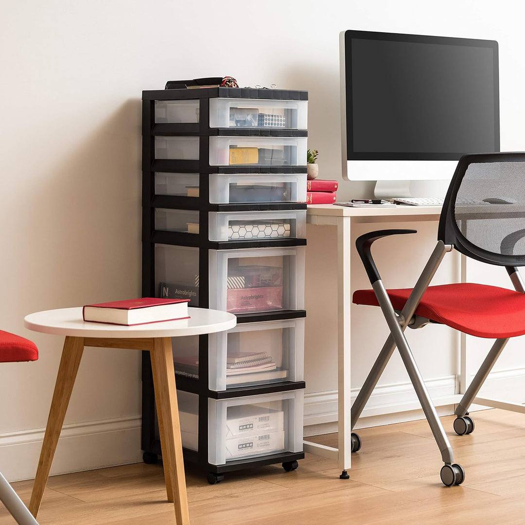 IRIS USA 7-Drawer Plastic Storage Organizer Cart with Caster Wheels, Black/Clear