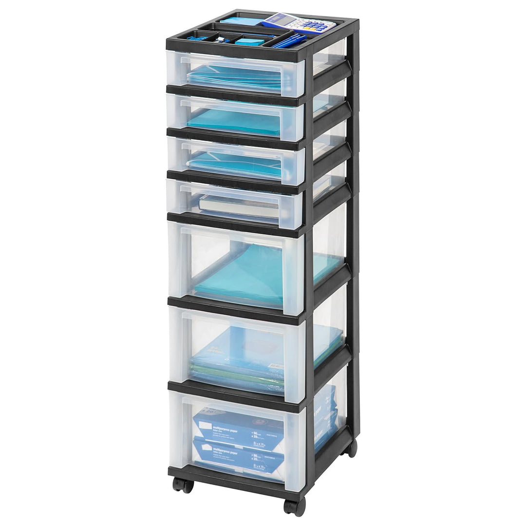 IRIS USA 7-Drawer Plastic Storage Organizer Cart with Caster Wheels, Black/Clear