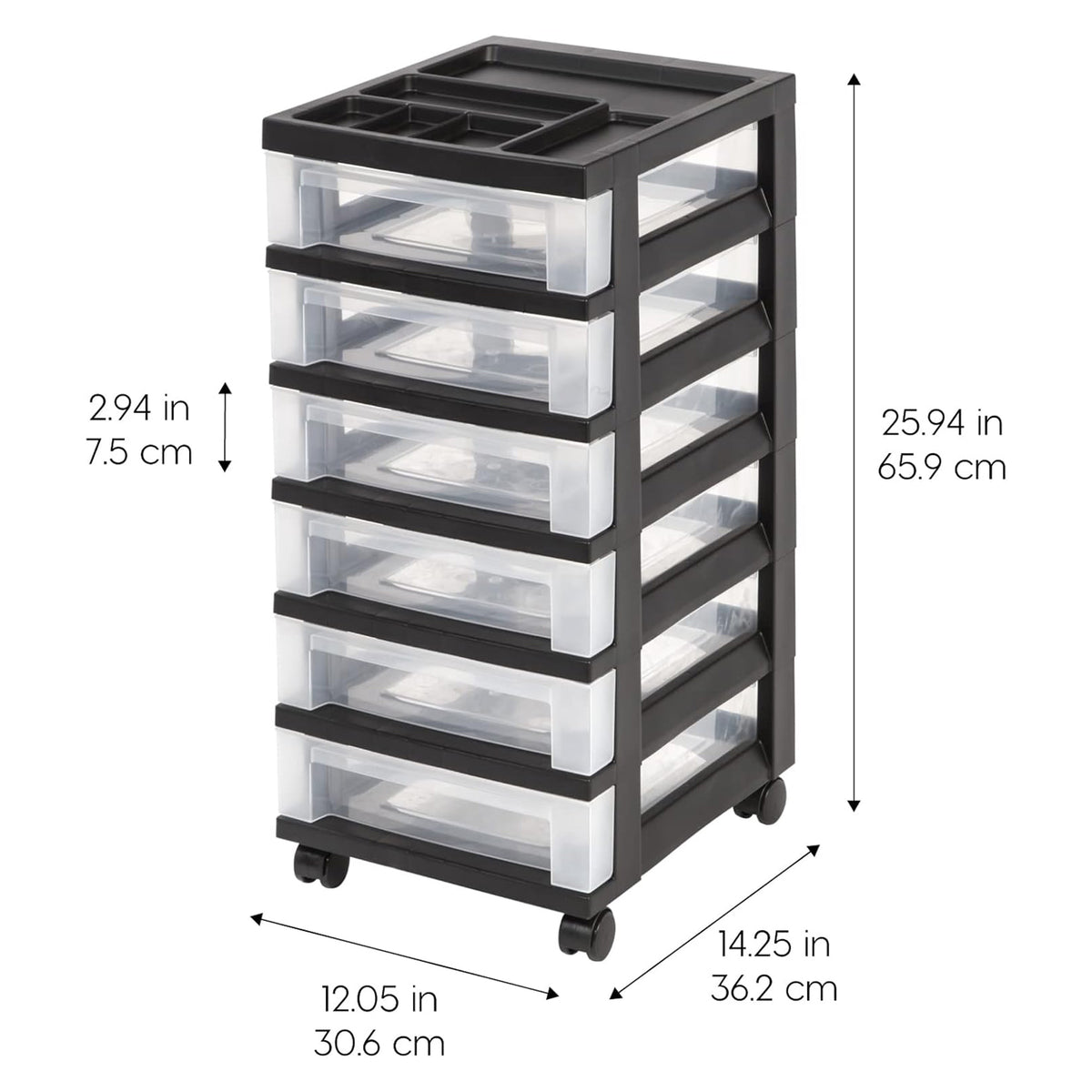 IRIS USA 2 Pack 6-Drawer Plastic Storage Organizer Cart & Caster Wheels, Black