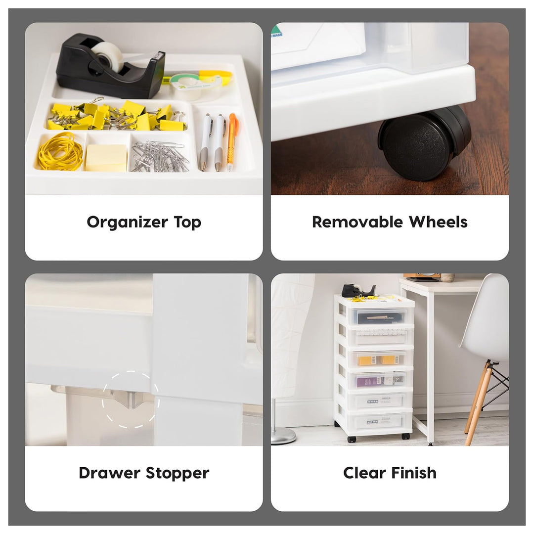 IRIS USA 6-Drawer Plastic Storage Organizer Cart and Caster Wheels, White/Clear