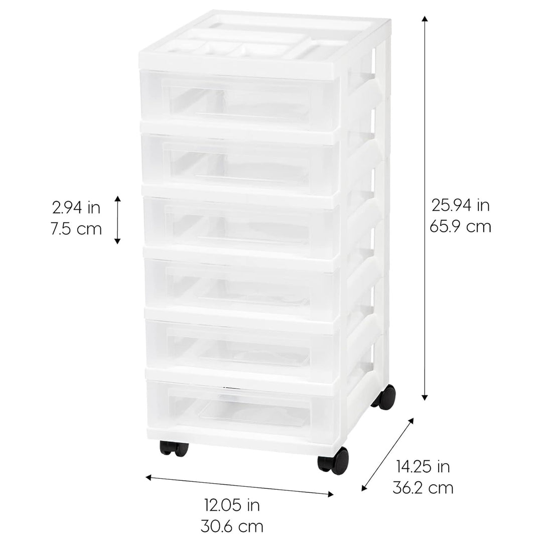 IRIS USA 6-Drawer Plastic Storage Organizer Cart and Caster Wheels, White/Clear