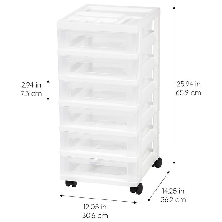 IRIS USA 6-Drawer Plastic Storage Organizer Cart and Caster Wheels, White/Clear