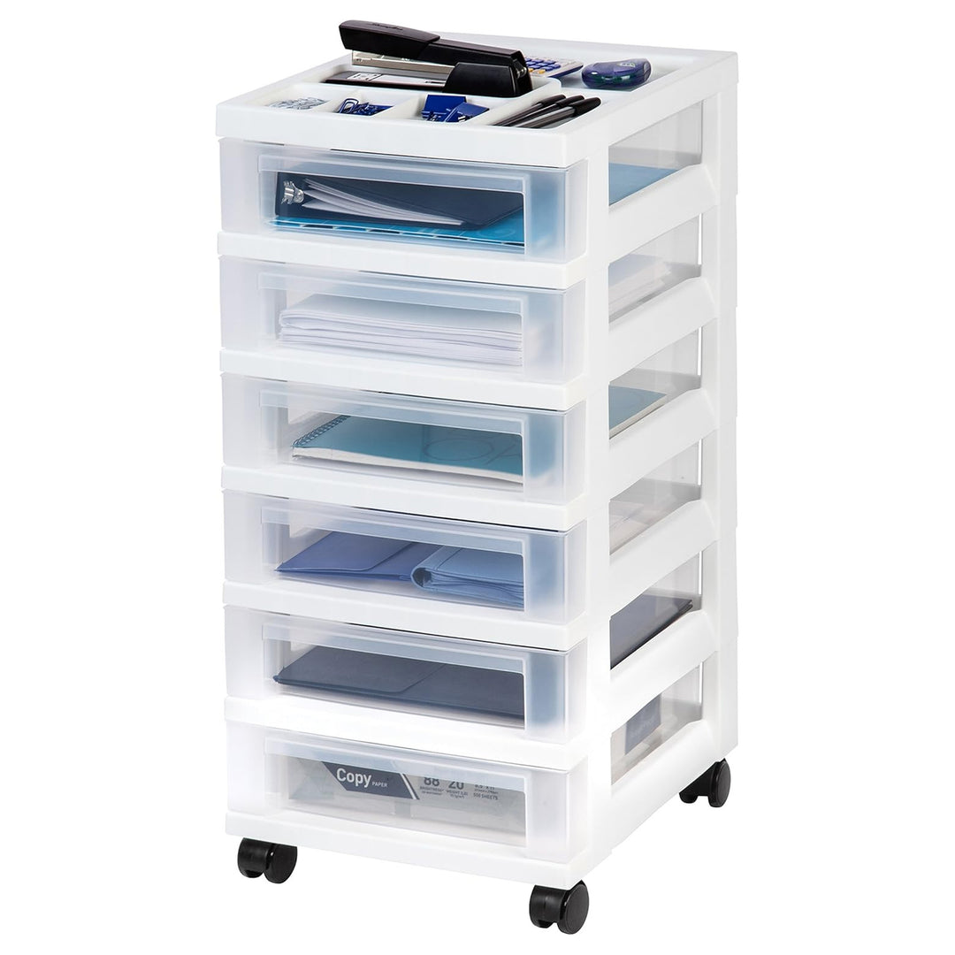 IRIS USA 6-Drawer Plastic Storage Organizer Cart and Caster Wheels, White/Clear