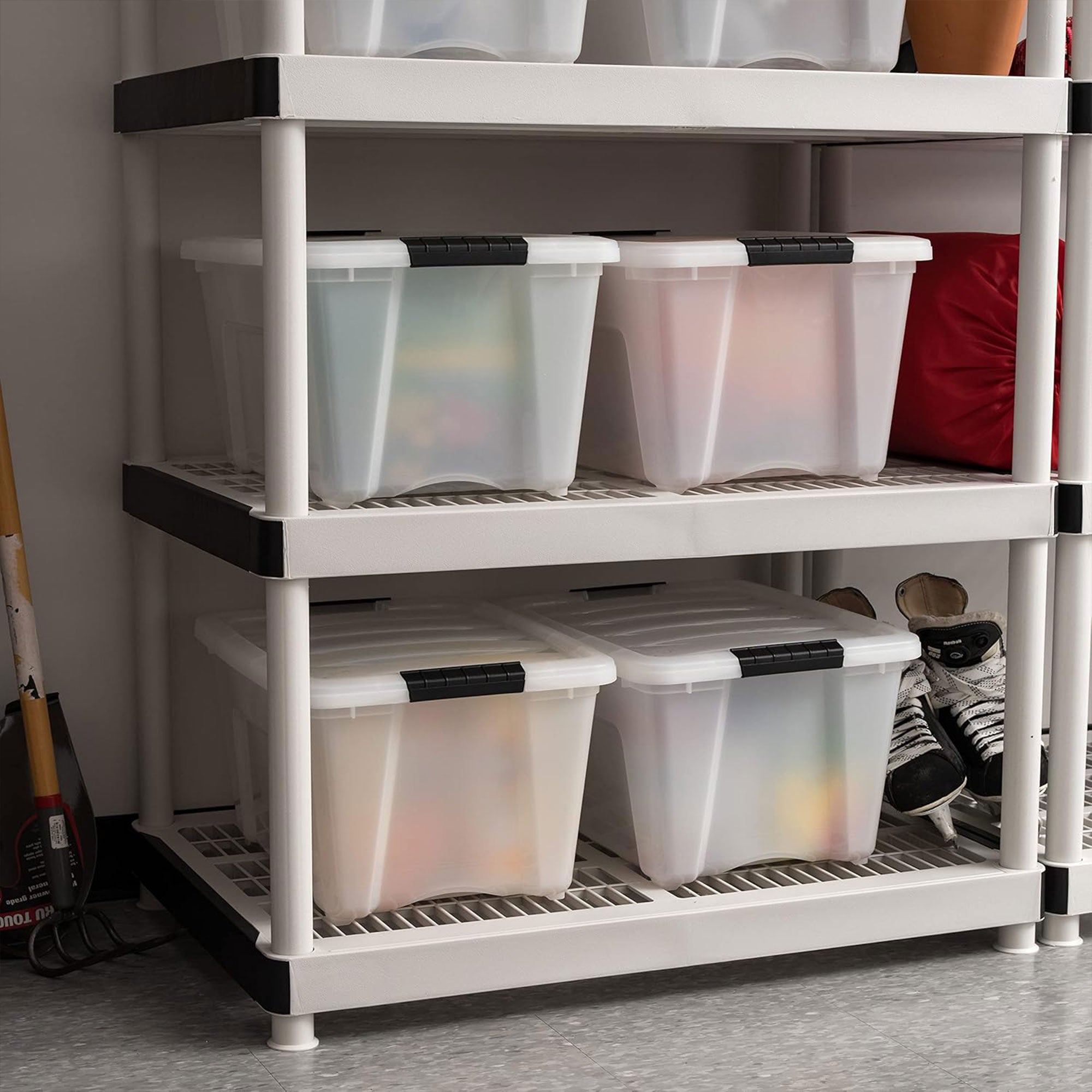IRIS USA 8 Pack Stackable Storage Bin, 32 Qt Plastic Totes with Lids, Pearl