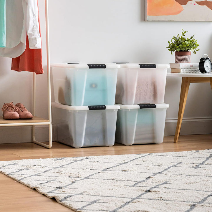 IRIS USA 40 Qt Plastic Storage Box with Lid, Stackable Design, Pearl, 4 Pack