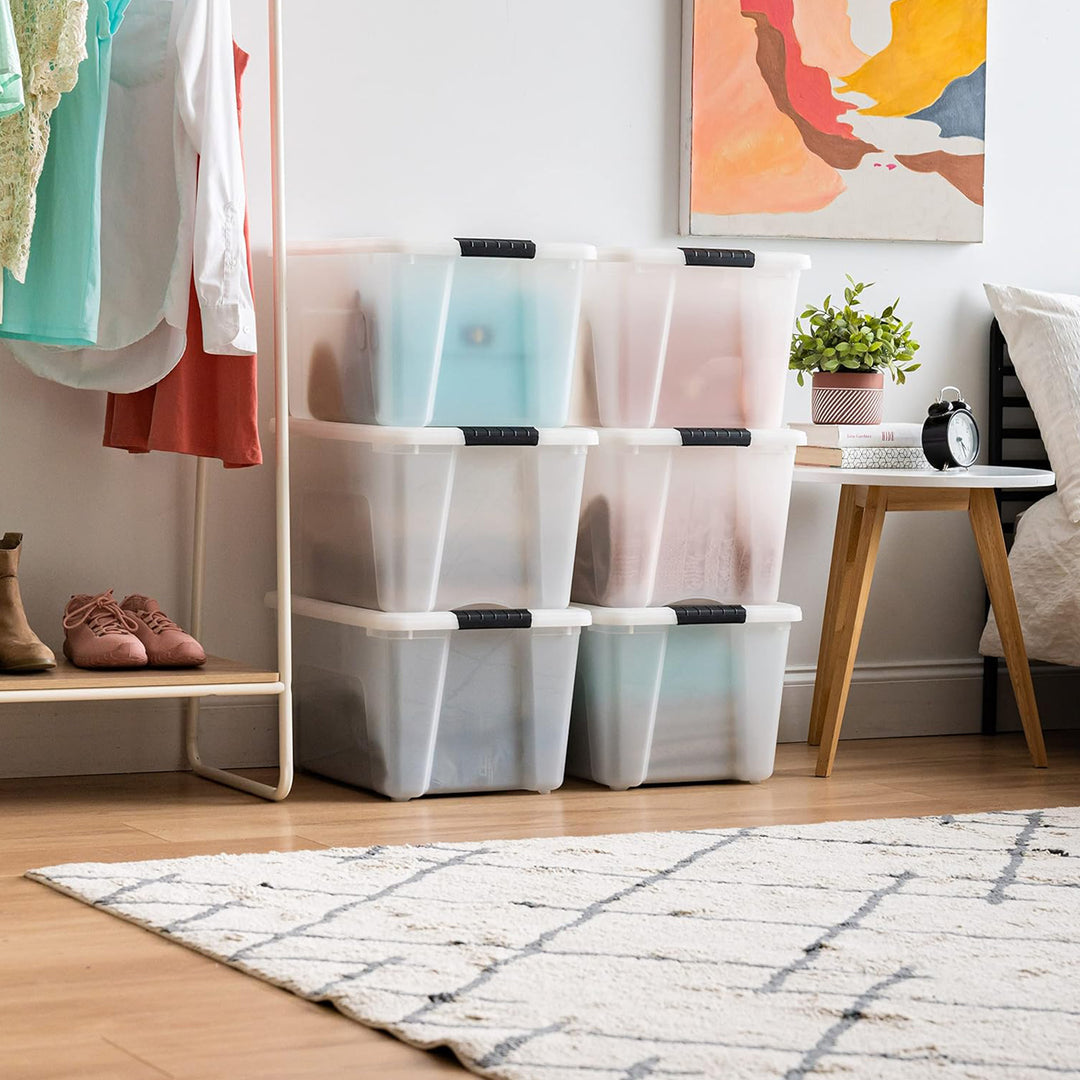 IRIS USA 40 Qt Plastic Storage Box with Lid, Stackable Design, Pearl, 6 Pack