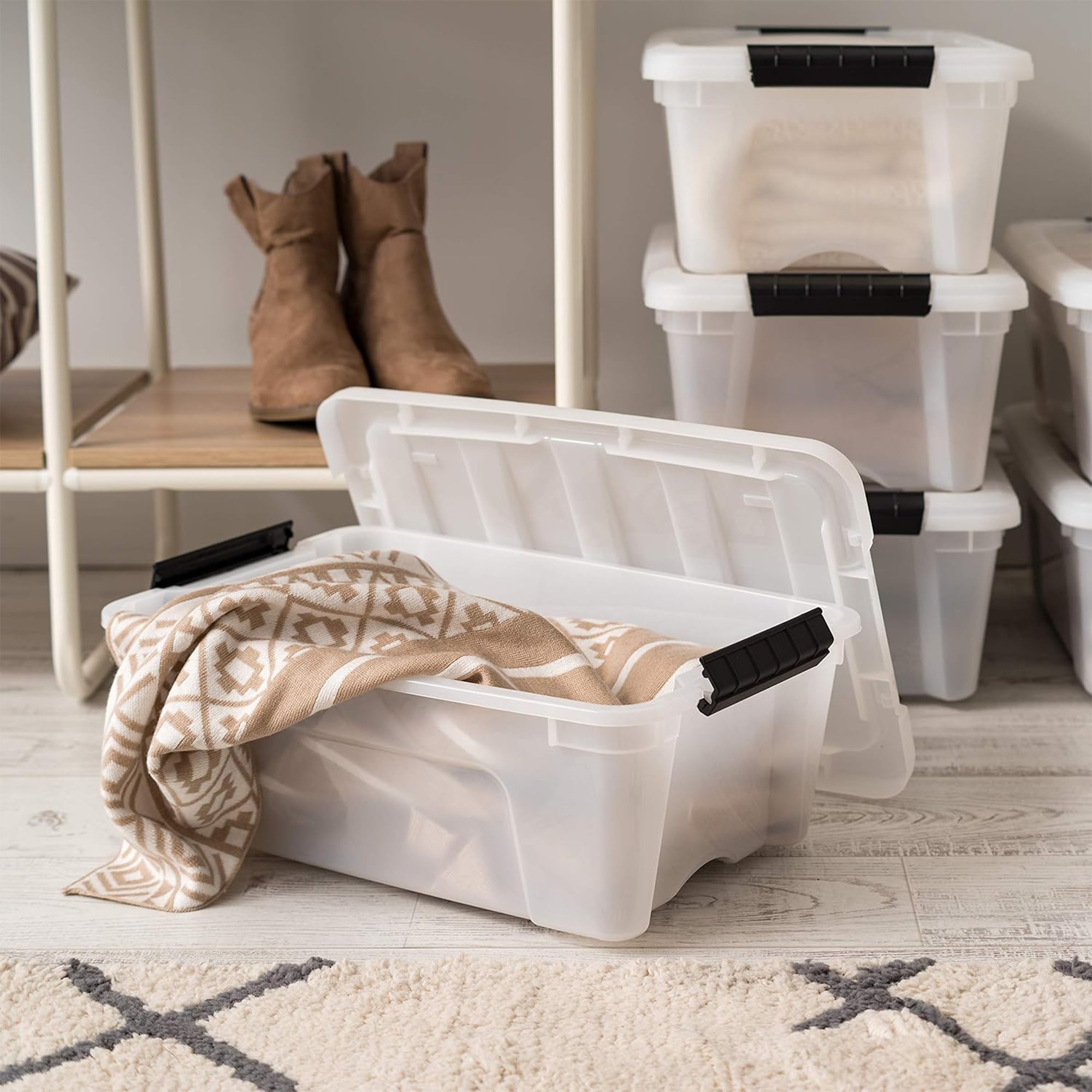 IRIS USA 13 Qt Storage Bin, Stackable Plastic Containers with Lid, Pearl, 6 Pack - VMInnovations