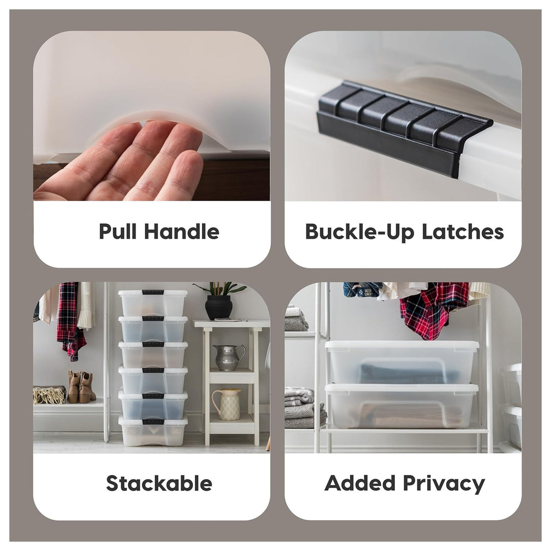 IRIS USA 27 Qt Plastic Storage Box with Lid, Stackable Design, Pearl, 6 Pack