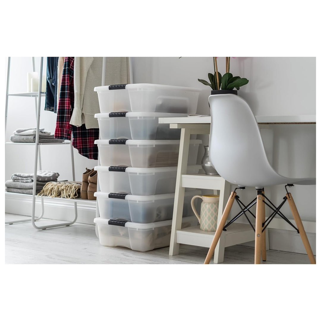 IRIS USA 27 Qt Plastic Storage Box with Lid, Stackable Design, Pearl, 6 Pack