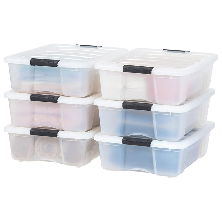 IRIS USA 27 Qt Plastic Storage Box with Lid, Stackable Design, Pearl, 6 Pack
