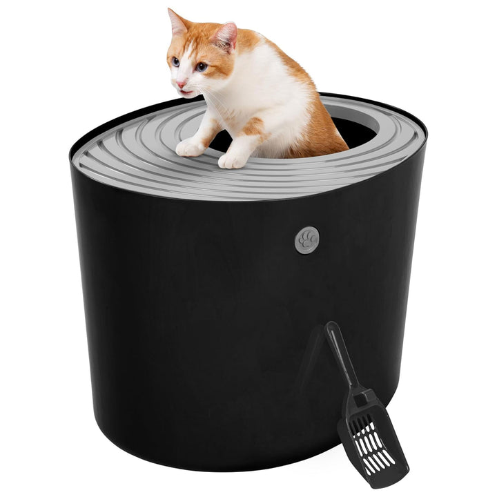 IRIS USA Large Top Entry Cat Litter Box with Lid and Scoop, Dog Proof, Black