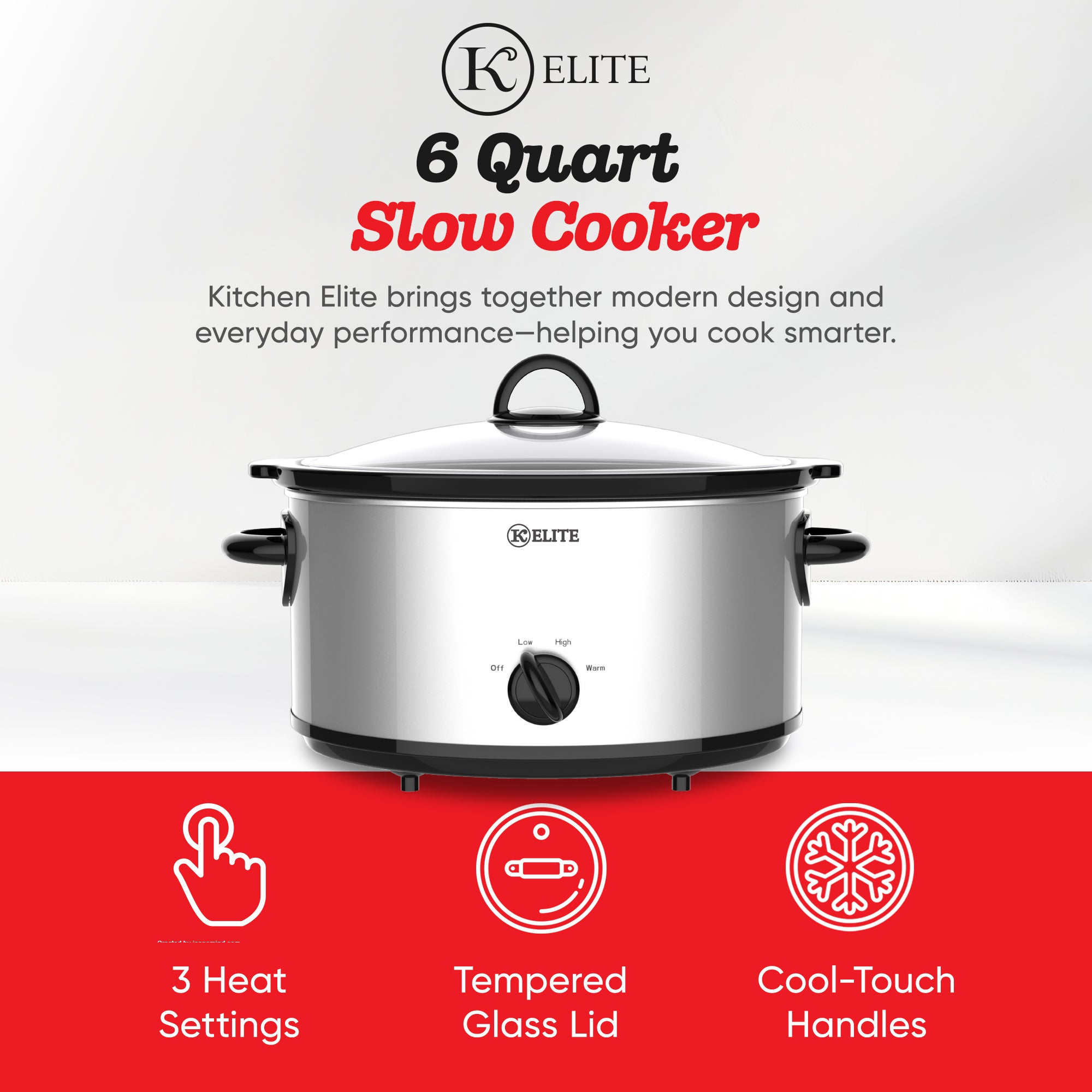 Kitchen Elite 6 Qt Slow Cooker, Stainless Steel Ceramic Crock Pot with Glass Lid - VMInnovations
