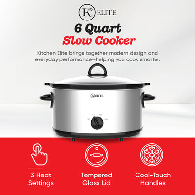 Kitchen Elite 6 Qt Slow Cooker, Stainless Steel Ceramic Crock Pot with Glass Lid